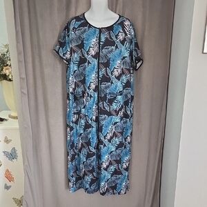 Women's XL Blue Leaf-Print Maxi Dress/Beach Cover Or Nightie with Full Front Zip